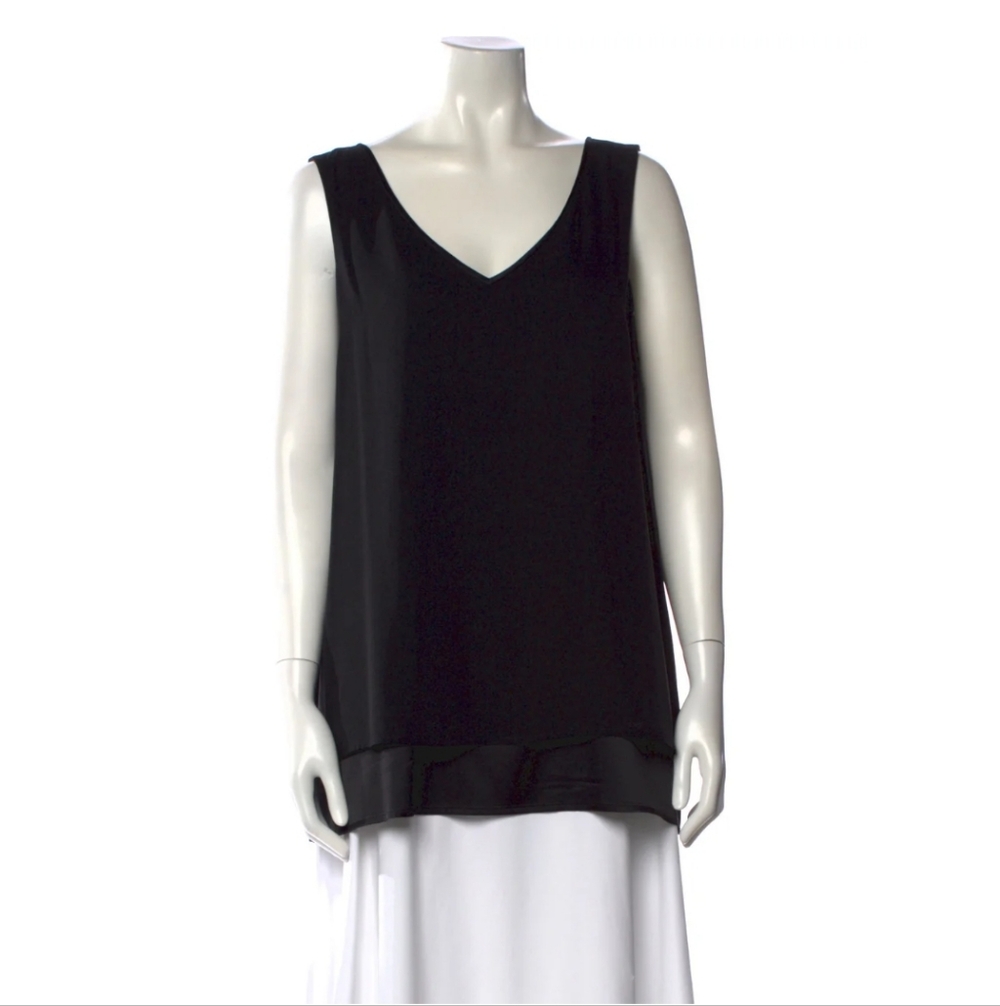 St Johns Silk V Neck Blouse Black Size Small Sheer Overlay Loose Fit Sleeveless